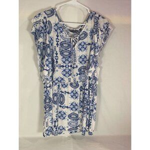 Unique Spectrum Knit Women's 1X White & Blue Design Pullover short sleeve Tunic